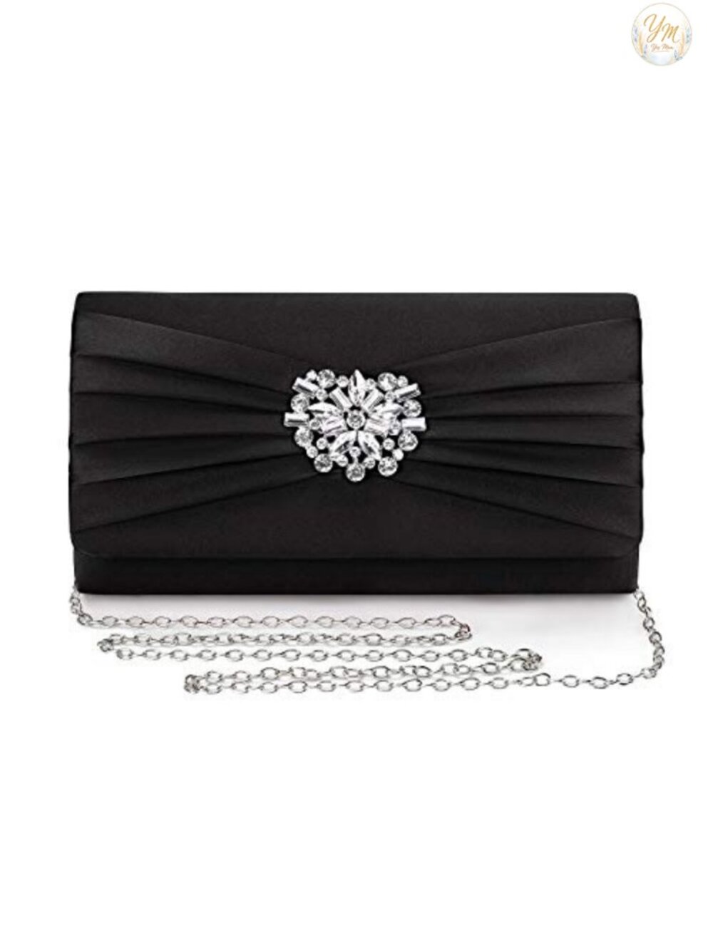 Elegant Pleated Satin Rhinestone Brooch Evening Clutch with Detachable Chain
